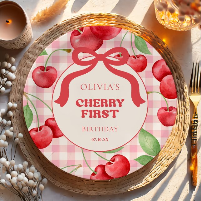Prato De Papel Red Coquette Bow Cherry First Birthday Party (Criador carregado)