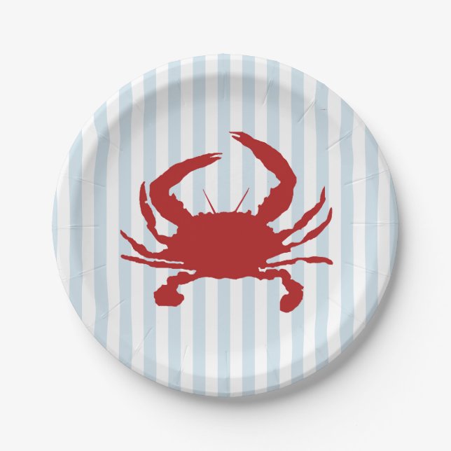 Prato De Papel Red Crab Painting Nautical Stripe Paper Plates (Frente)