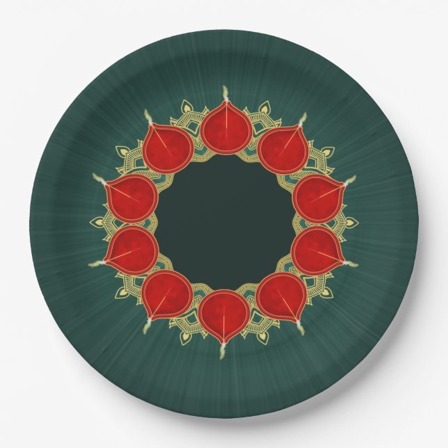 Prato De Papel Red & Dourado Diyas Mandala Diwali em Teal (Frente)