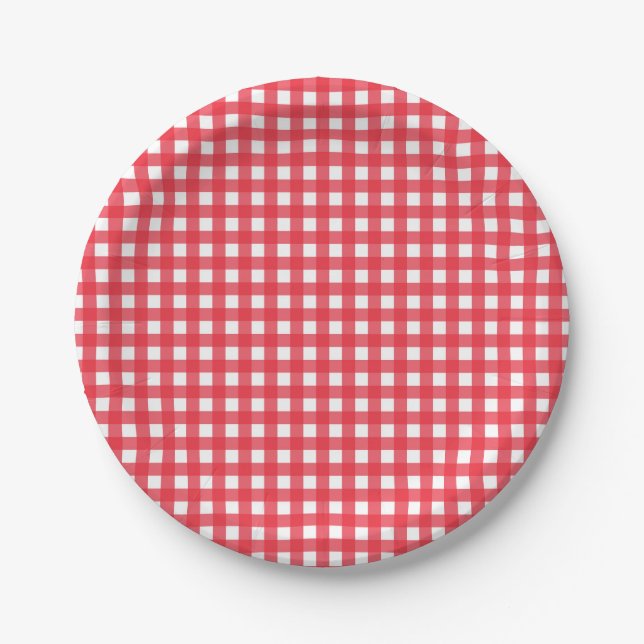 Prato De Papel Red Gingham Checkered Rustic Country Picnic Party (Frente)
