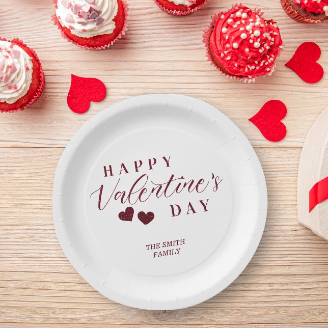 Prato De Papel Red Glitter Happy Valentine's Day Hearts (Red Glitter Effect Happy Valentine's Day Hearts Plates.)