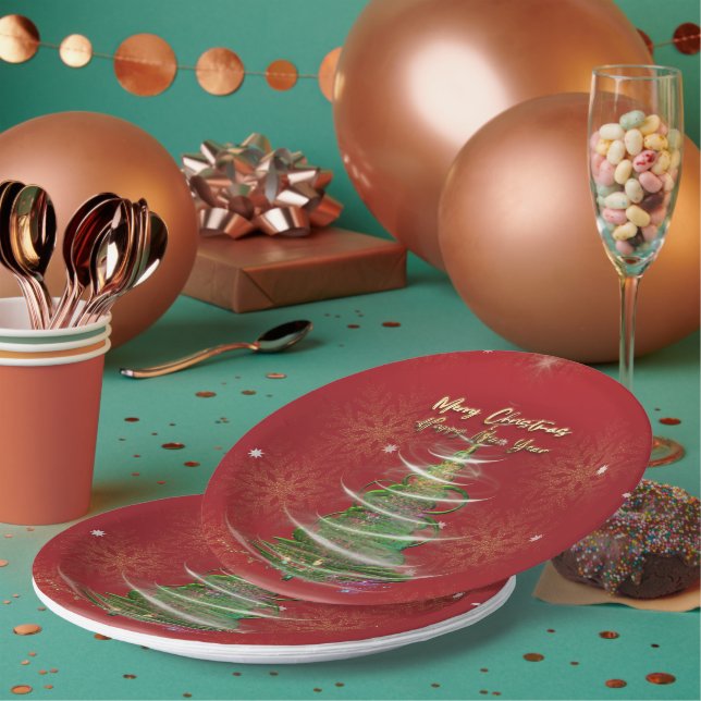 Prato De Papel Red & Gold Snowflake Holiday paper plates  (Múltiplo)