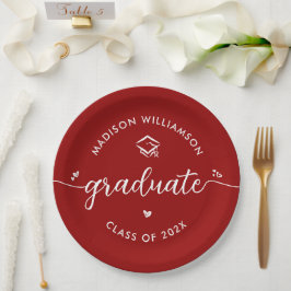 Prato De Papel Red Graduation Script Hearts Cap Icon Modern Bold