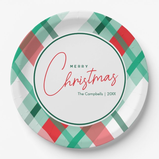 Prato De Papel Red Green Mint Christmas Plaid Paper Plate (Frente)