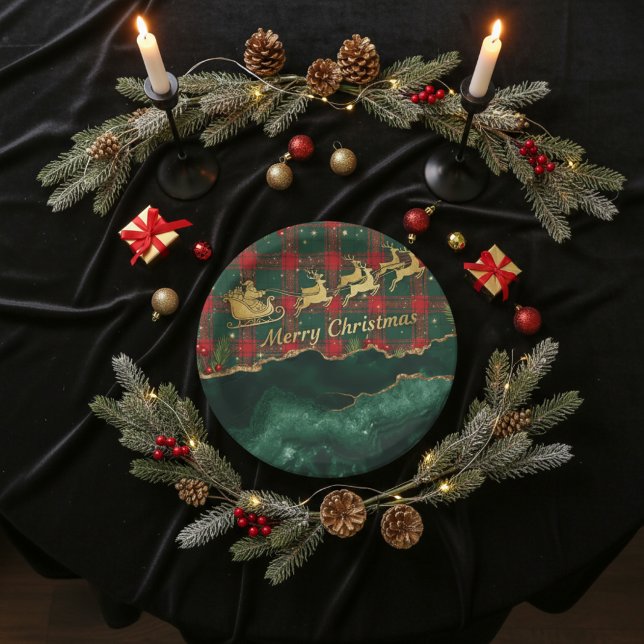 Prato De Papel Red Green Plaid Santa Sleigh Merry Christmas (Criador carregado)