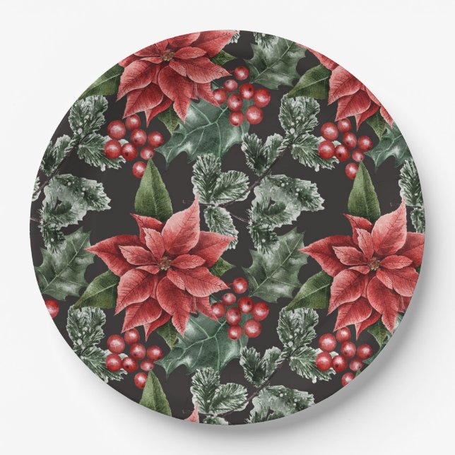Prato De Papel Red Holly Berries Poinsettia Greenery Natal (Frente)