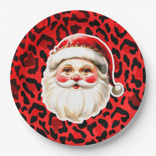 Prato De Papel Red Leopardo Imprime Retro Papai Noel Natal