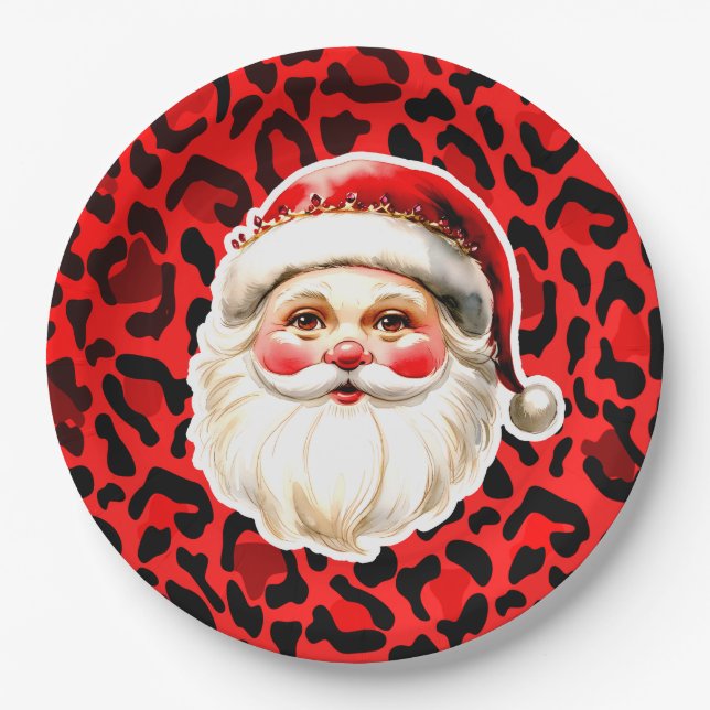 Prato De Papel Red Leopardo Imprime Retro Papai Noel Natal (Frente)