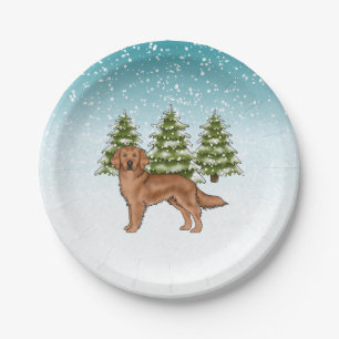 Prato De Papel Red Ouro Retriever Dog Blue Winter Natal