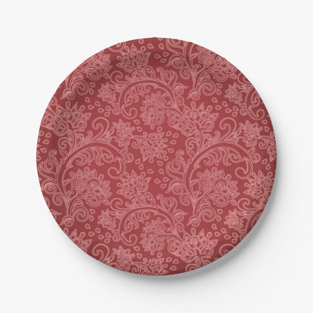 Prato De Papel Red Paisley Damask Designer Floral Classic (Frente)