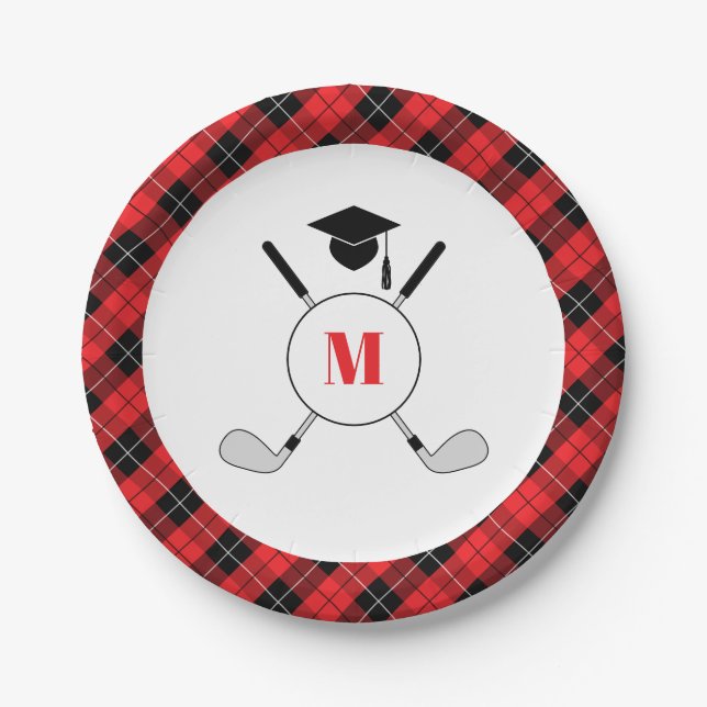 Prato De Papel Red Plaid Golf Themed Graduation Party (Frente)