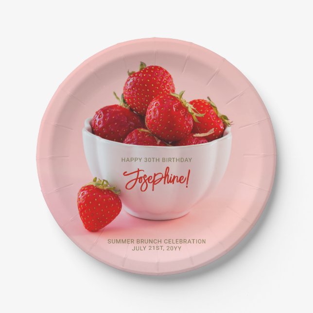 Prato De Papel Red Strawberry Photo Summer Brunch Happy Birthday (Frente)