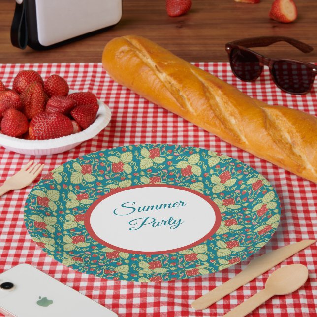 Prato De Papel Red Strawberry & Pink Flower & Vines (Piquenique)