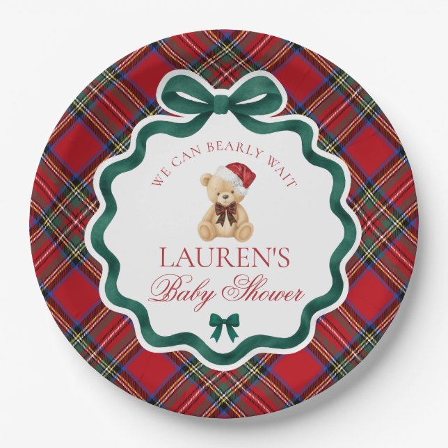 Prato De Papel Red Tartan Plaid Christmas Bear Baby Shower  (Frente)