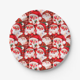 Prato De Papel Red Vintage Santa Claus Tartan Xadrez Natal