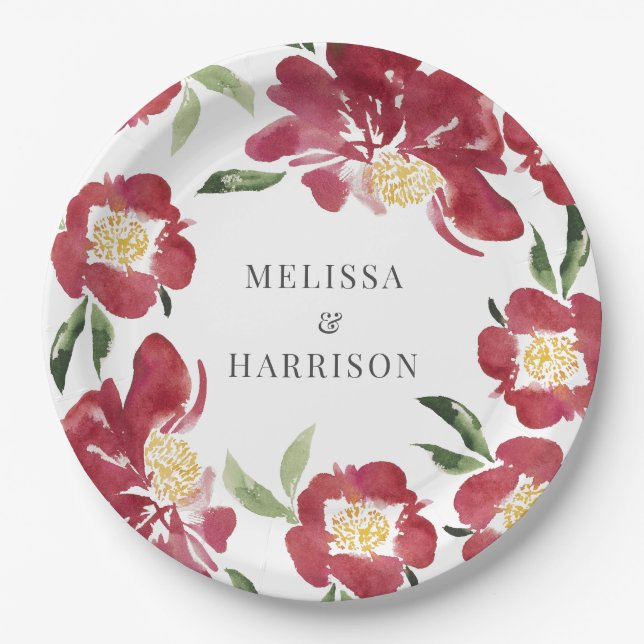 Prato De Papel Red Watercolor Peony Wedding (Frente)