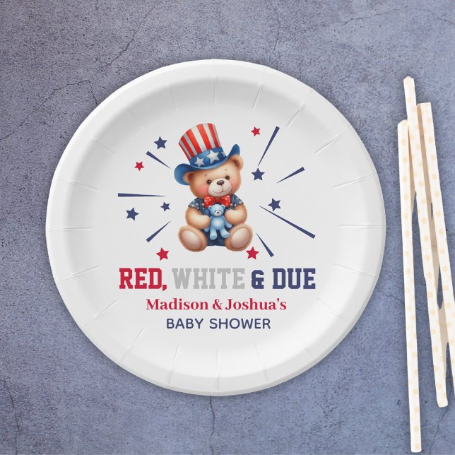 Prato De Papel Red White due Bear 4 de julho de Chá de fraldas (Red White Due Bear 4th Of July Baby Shower Paper Plates
)