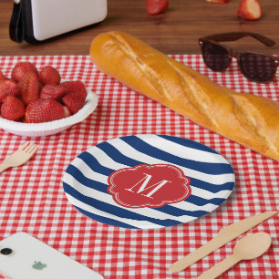 Prato De Papel Red White e Blue Patriotic Stripes Monograma