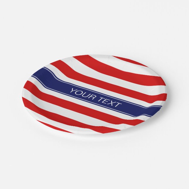 Prato De Papel Red Whiz Stripe Marinho Azul Nome Monograma (Inclinado)