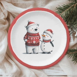 Prato De Papel Red Winter Bear & Snowmen Wonderland