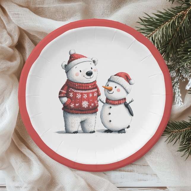 Prato De Papel Red Winter Bear & Snowmen | Wonderland (Criador carregado)