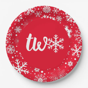 Prato De Papel Red Winter Second Birthday Snowflake Two Plates