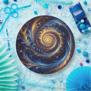 Prato De Papel Redemoinho Azul Real e Dourado do Espaço Abstrato