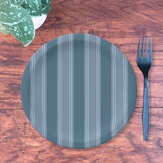 Prato de Papel Redondo com Listras Azuis (Blue stripe pattern round paper plate)