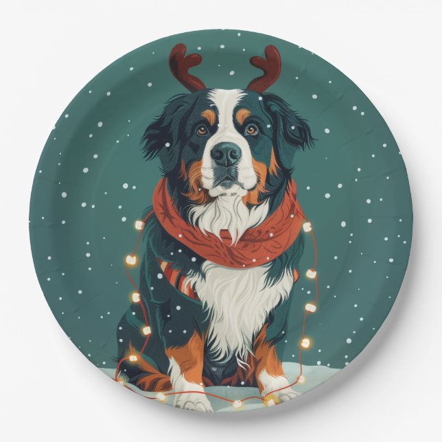Prato De Papel Reindeer Bernese Mountain Dog de Natal (Frente)