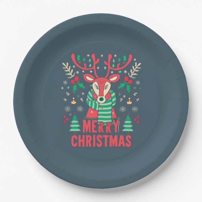 Prato De Papel Reindeer Christmas Paper Plate (Frente)