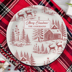 Prato De Papel Reindeer de Ilustração Vintage e Casas de inverno