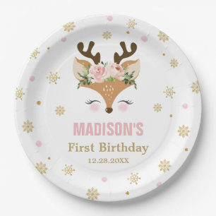 Prato De Papel Reindeer Floral Snowflakes Aniversário de Natal