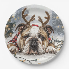 Prato De Papel Reindeer para Bulldog em Inglês de Natal