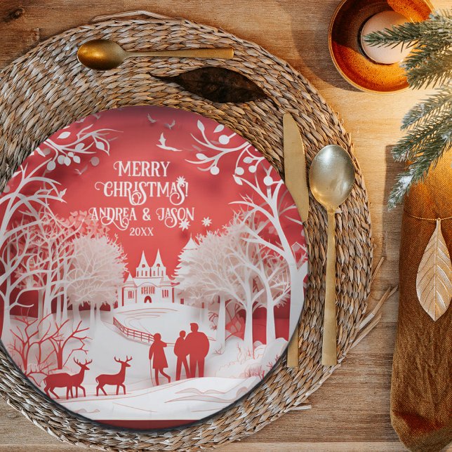 Prato De Papel Reindeers 3D e Pessoas na aldeia (Criador carregado)