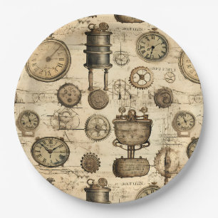 Prato De Papel Relógio Vintage Steampunk Pardo Pergaminho