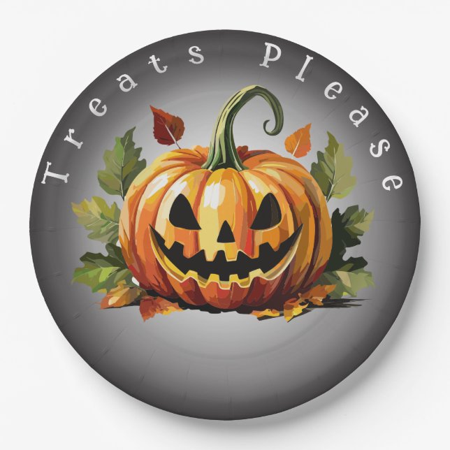 Prato De Papel Remendo de Abóbora de Halloween Personalizável  (Frente)