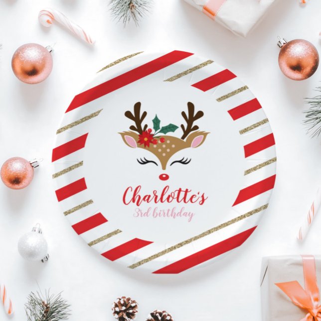 Prato De Papel Renas de Natal Aniversário Listras Vermelhas Doura (Criador carregado)