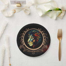 Prato De Papel Retrato da cabeça de leão estilizado em Mandala