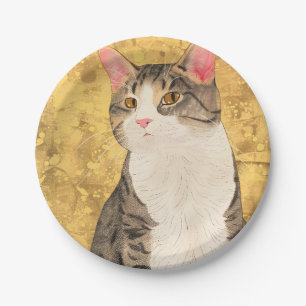 Prato De Papel Retrato de Gato Branco da Cinza Vintage