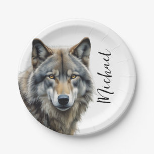 Prato De Papel Retrato de Lobo Seu Nome Personalizado à Mão