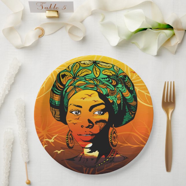 Prato De Papel Retrato de Mulher Africana com Sunset (Casamento)