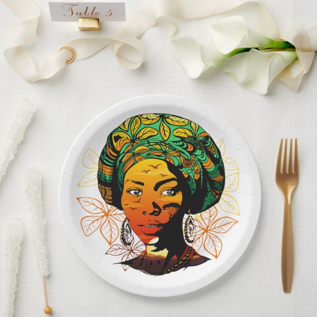 Prato De Papel Retrato de Mulher Africana com Sunset (Casamento)