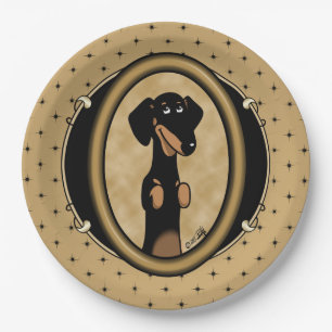 Prato De Papel Retrato Dourado e bonito Dachshund (preto e tan)