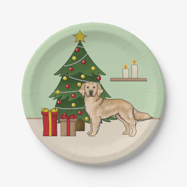 Prato De Papel Retriever Ouro Amarelo com Árvore de Natal Verde (Frente)