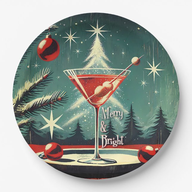 Prato De Papel Retro 50s Nevasca Árvore de Natal Martini (Frente)