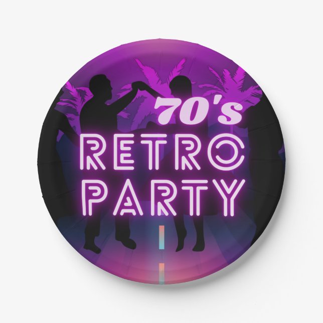 Prato De Papel Retro 80s Disco Dance Party Neon Purple Funky (Frente)