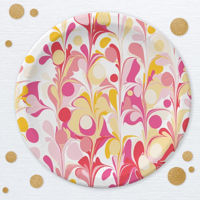 Prato De Papel Retro-Abstrato Rosa Moderno (Modern retro groovy abstract pattern party paper plate)