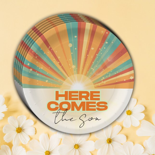 Prato De Papel Retro Aqui Vem O Chá de fraldas Filho (Criador carregado)