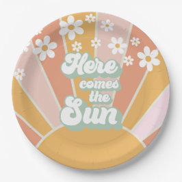 Prato De Papel Retro Aqui vem o Sol Daisy boho aniversário