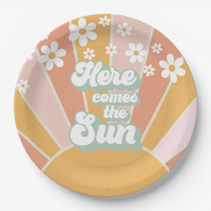 Prato De Papel Retro Aqui vem o Sol Daisy boho aniversário